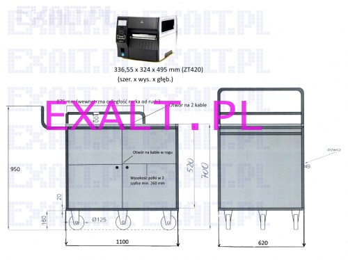 Szafka pod drukark ZT420, wzek z szafk o wymiarach 1100x620x520 (DUG x SZEROK x WYSOK), koa fi=125mm, 5 skrtnych, w szafce otwory na kable