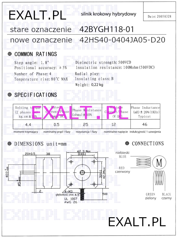 Silnik krokowy 42BYGH118-01, 0,5A, 12V, bipolarny, model silnika: 42BYGH118-01