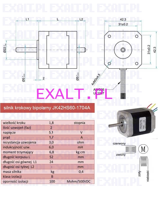 ZESTAW, KOMPLET 5 szt. - Silnik krokowy JK42HS60-1704A, krok 1.8 stopnia, 200 krokw/obrt, 6.8 kg/cm bipolarny