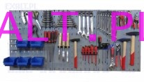 Zestaw: 3 x panel GSP02 plus zestaw 22 zawieszek do zawieszania narzdzi oraz 5 pojemnikw, kolor: szary