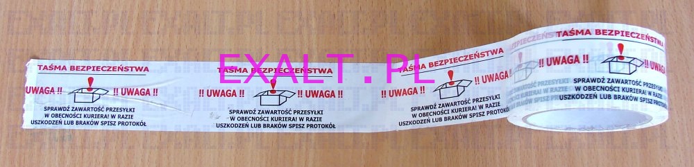 Tama zabezpieczajca do paczek z napisem -> TAMA BEZPIECZESTWA, UWAGA, sprawd zawarto przesyki w obecnoci kuriera, klej: kauczuk syntetyczny