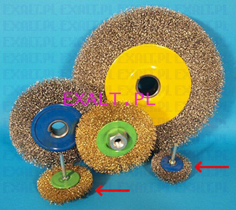 Szczotka tarczowa TT07 karbowana z trzpieniem, rednica szczotki fi 100 mm, trzpie fi 6 mm, wykonana z drutu mosinego
