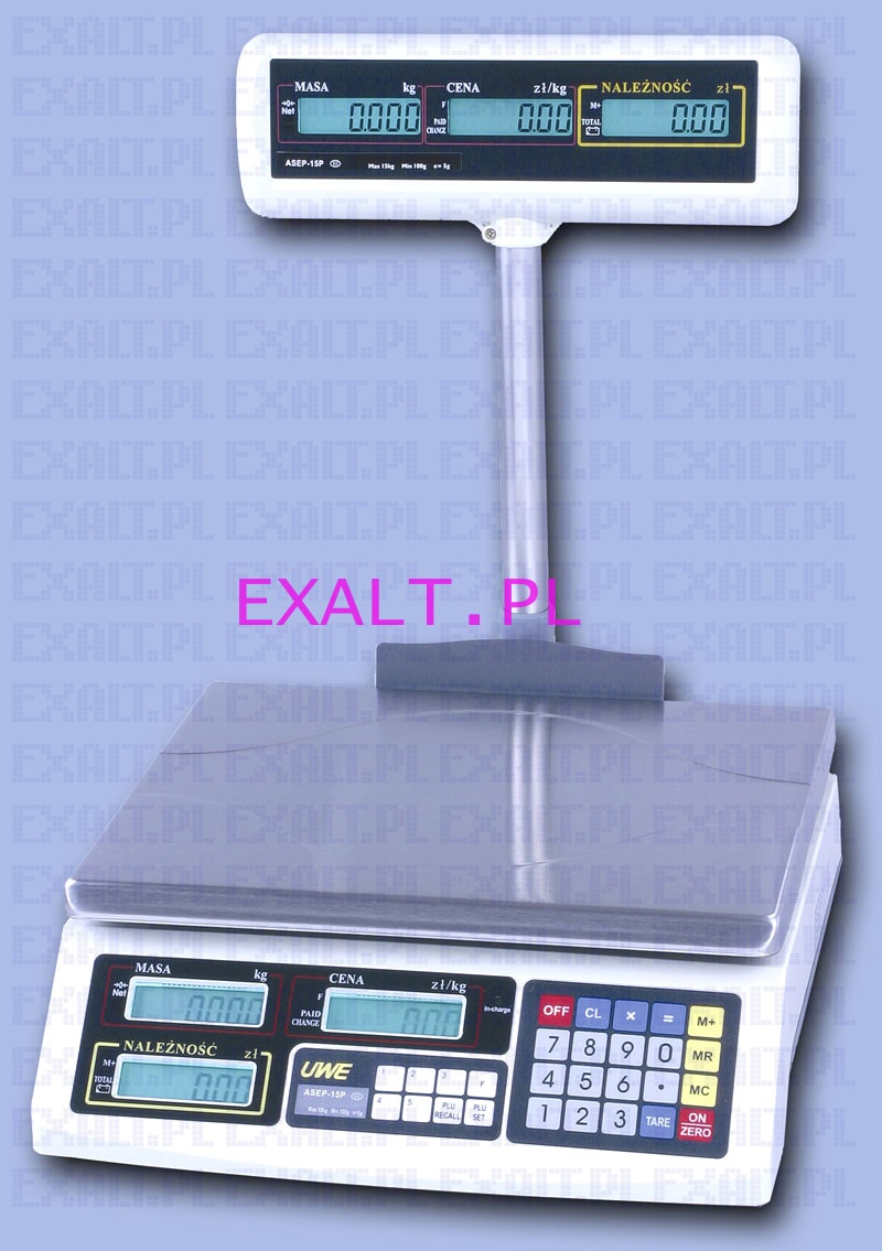 Waga sklepowa ASEP-15P, zakres 15kg z wbudowanym akumulatorem i z legalizacj, wywietlacz od strony klienta na supku, wyjtkowo dua szalka, wieccy wywietlacz
