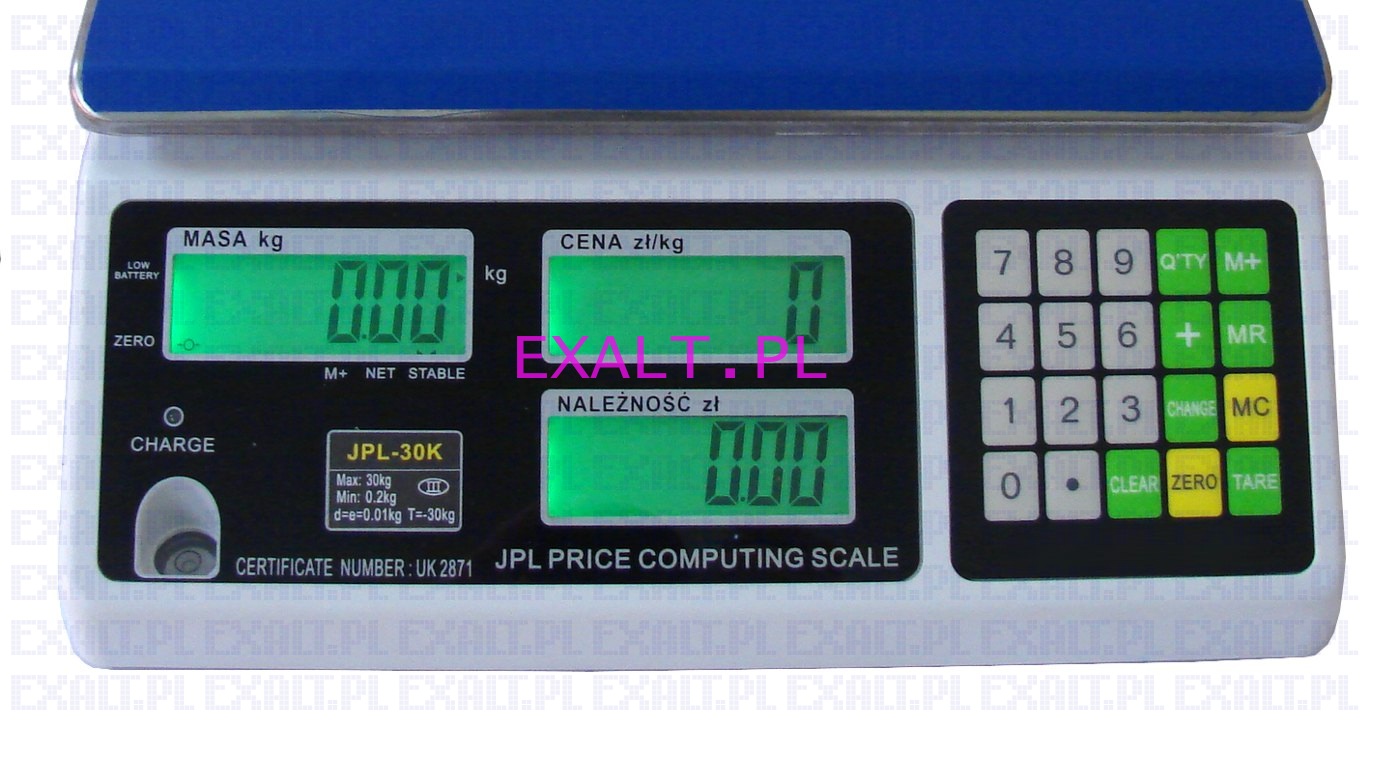 Waga kalkulacyjna JPL-30K, zakres 30kg, dokadno 10g, z zasilaniem akumulatorowym, z legalizacj w cenie