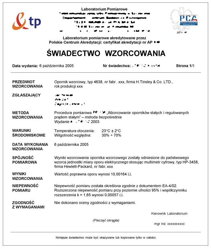 swiadectwo wzorcowania