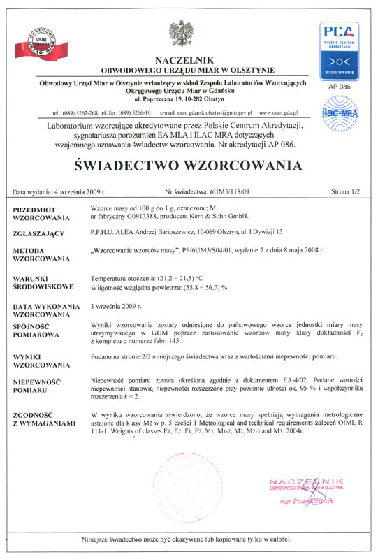 wiadectwo wzorcowania odwanikow